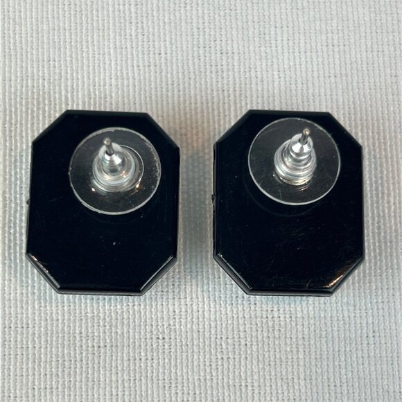 Octagon Stud Earrings Teal Plastic Gemstones Black Enamel Frame - Picture 5 of 8